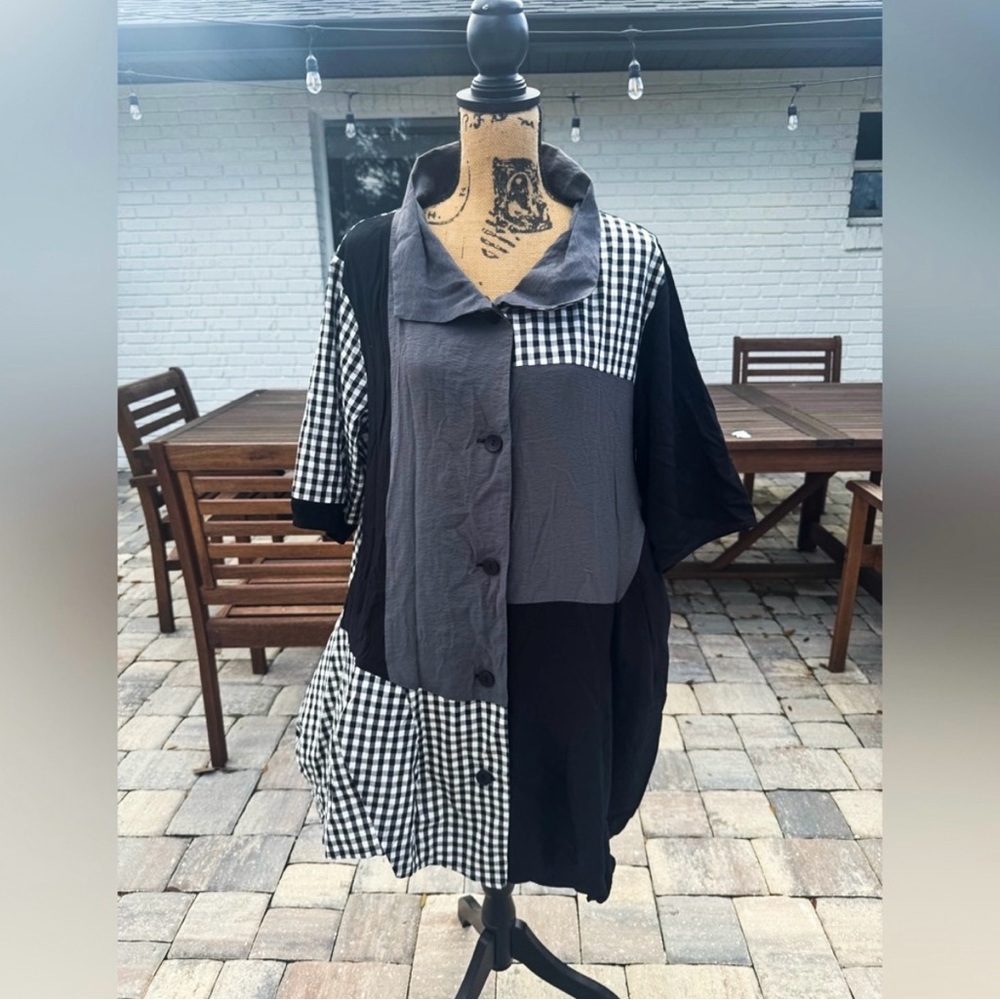 NWT Silk Box Redwood Court Mix Shirt Dress Silk Black White Checkered Size Large